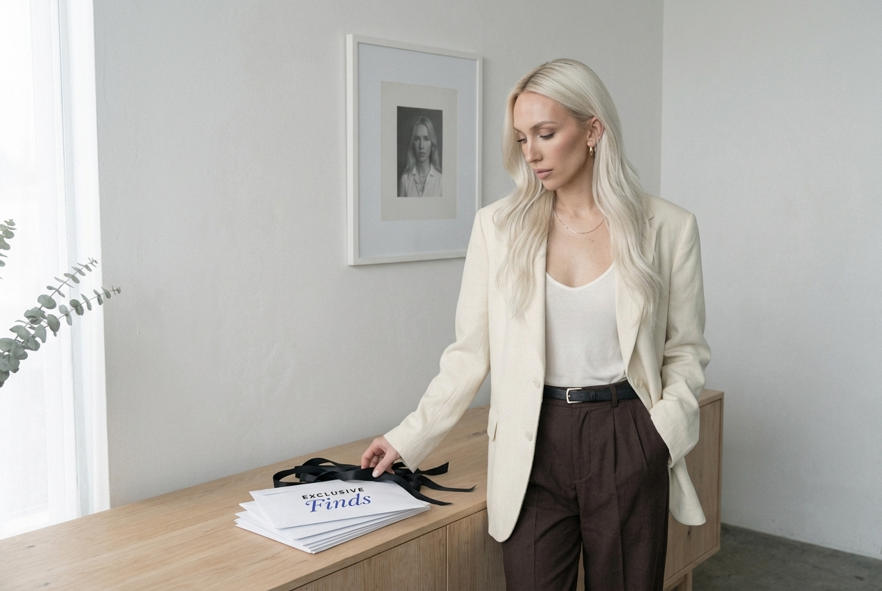 Taryn in a cream blazer arranging Exclusive Finds envelopes on a wooden console