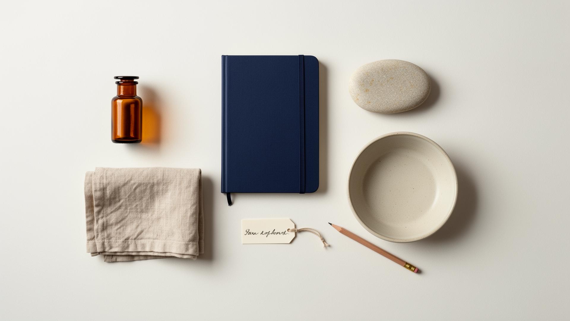 Material swatches arranged in a grid on cream paper — cashmere, linen, wool, felt, in stone and navy tones