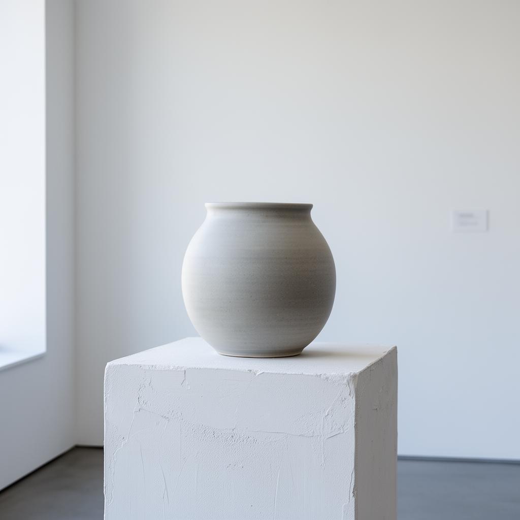 A single hand-thrown pale ceramic vessel resting on a chalk-white plaster pedestal in a quiet gallery interior