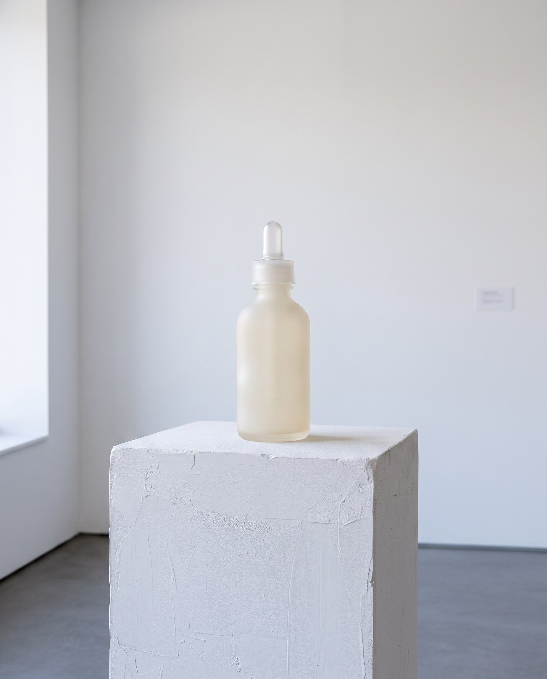 A single frosted glass dropper bottle resting on a chalk-white plaster pedestal in a quiet gallery interior